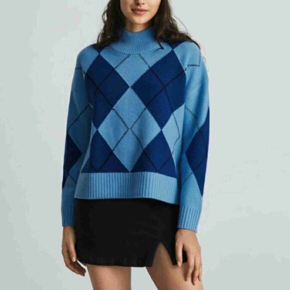 NWT Everlane Blue Navy Argyle Mock Turtleneck Wool Pullover Sweater Size L - Picture 1 of 12